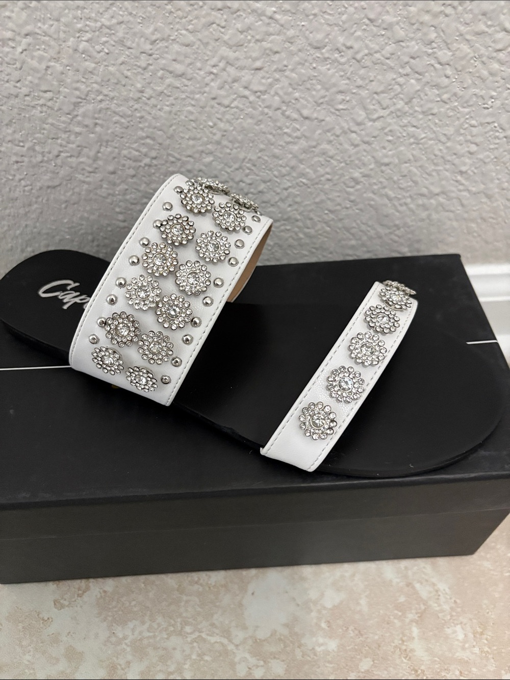 White Crystal Floral Slide Sandals